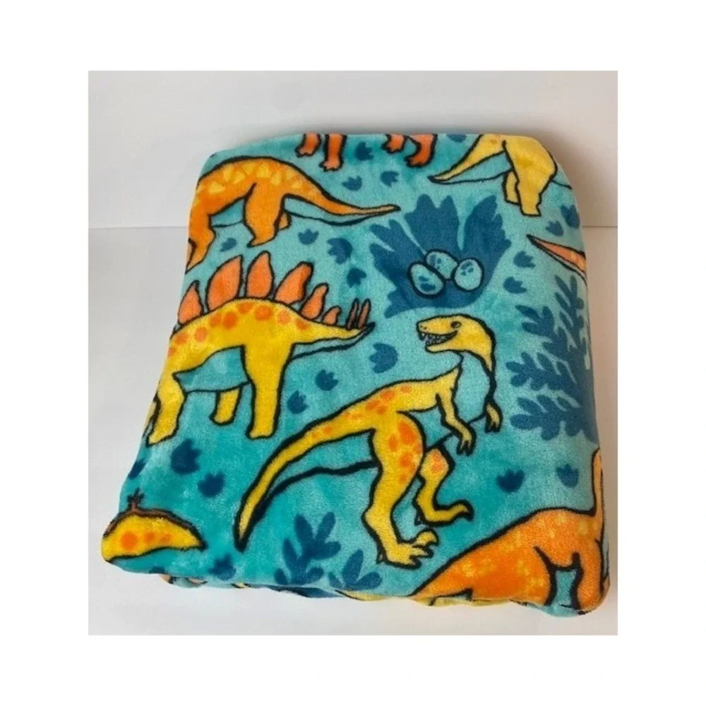 The Big One Dinosaur Plush Throw Blanket Teal Orange Yellow 60x72 Large Fleece